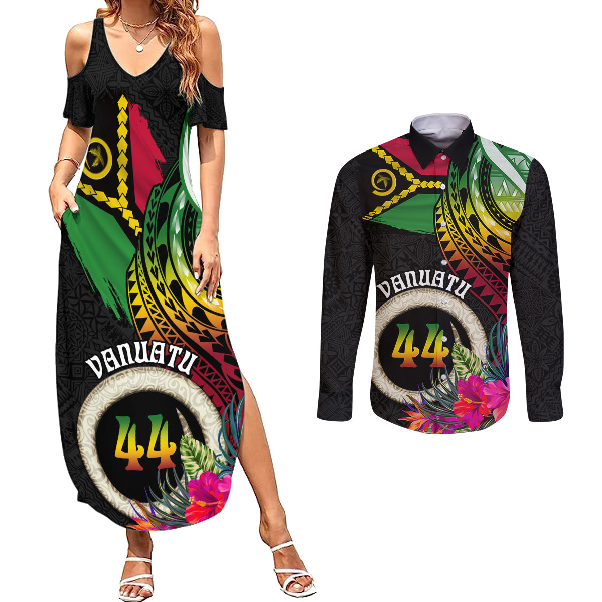 Vanuatu 44th Anniversary Couples Matching Summer Maxi Dress and Long Sleeve Button Shirt Boars Tusk Tugeta Yumi Selebretem Indipendens Dei