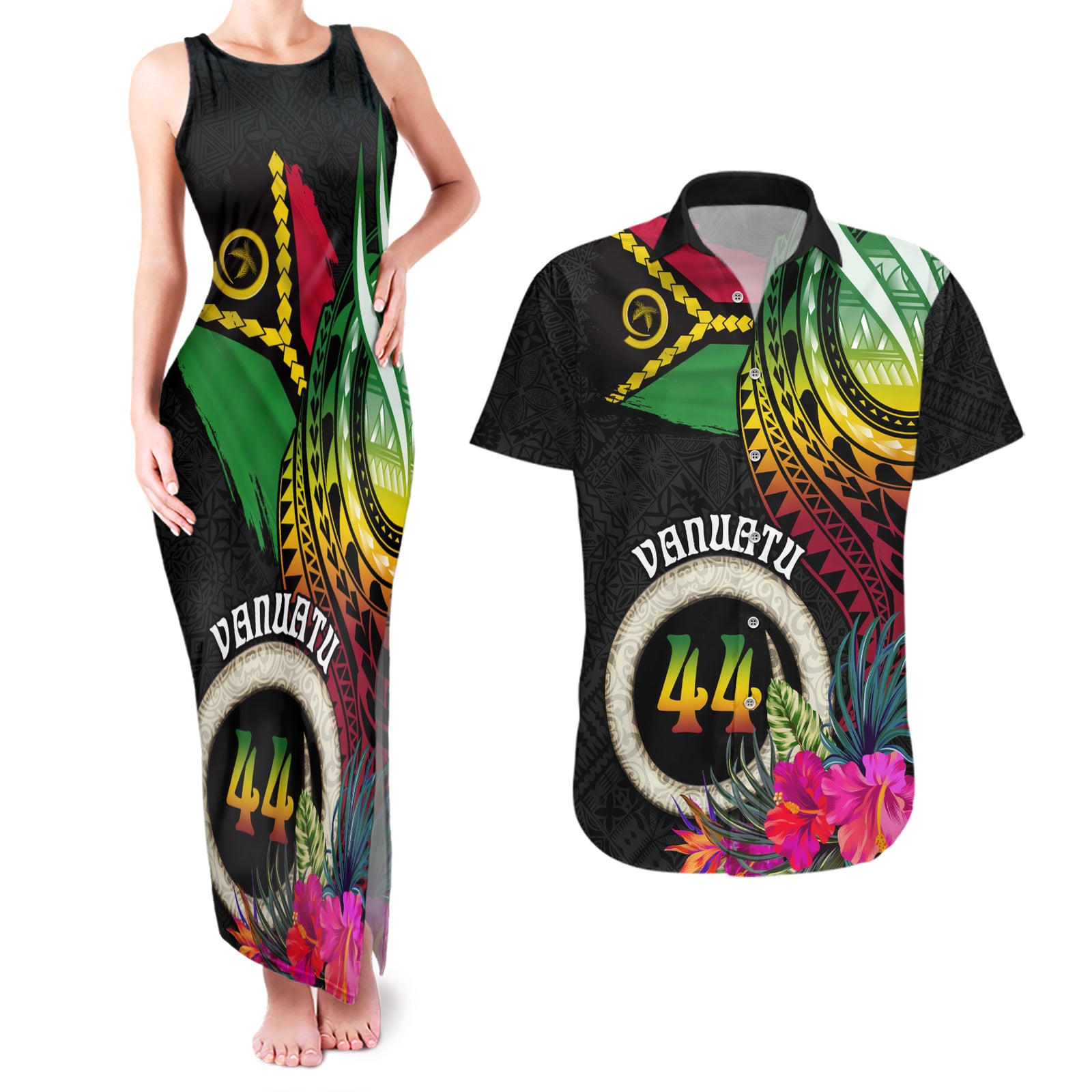 Vanuatu 44th Anniversary Couples Matching Tank Maxi Dress and Hawaiian Shirt Boars Tusk Tugeta Yumi Selebretem Indipendens Dei
