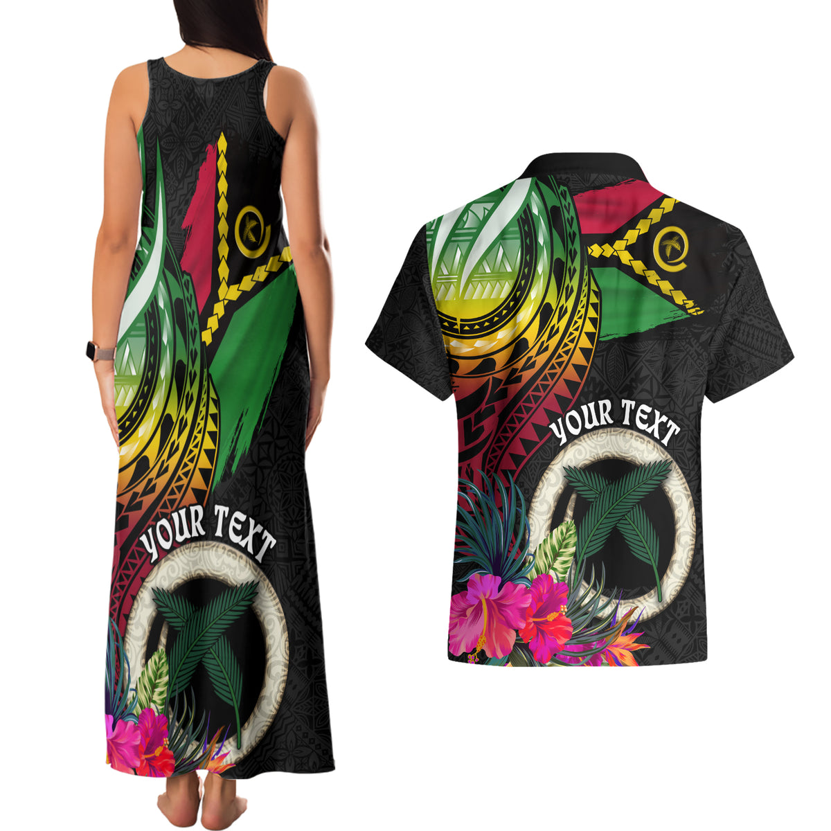 Vanuatu 44th Anniversary Couples Matching Tank Maxi Dress and Hawaiian Shirt Boars Tusk Tugeta Yumi Selebretem Indipendens Dei