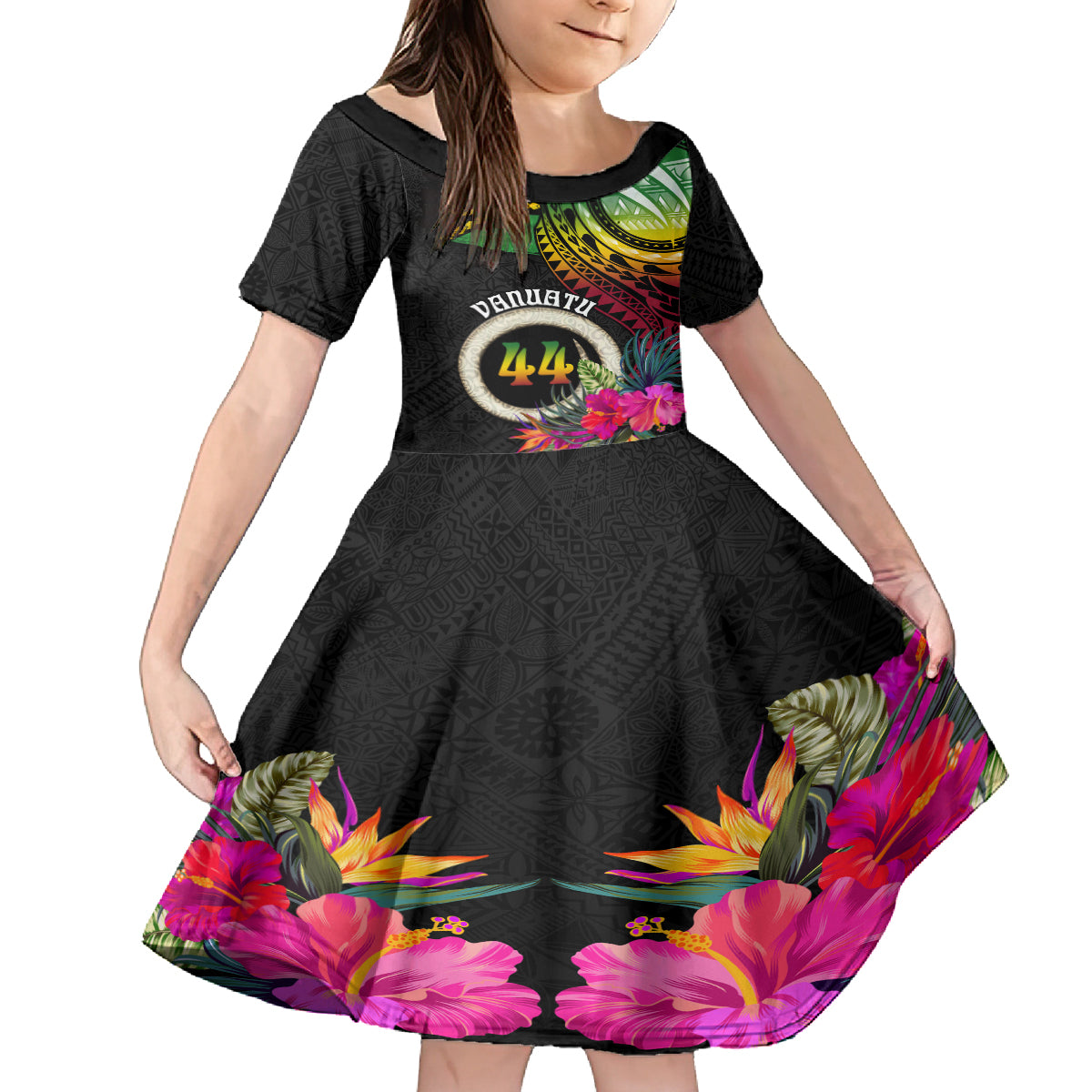 Personalised Vanuatu 44th Anniversary Family Matching Long Sleeve Bodycon Dress and Hawaiian Shirt Boars Tusk Tugeta Yumi Selebretem Indipendens Dei LT03 Daughter's Dress Black - Polynesian Pride