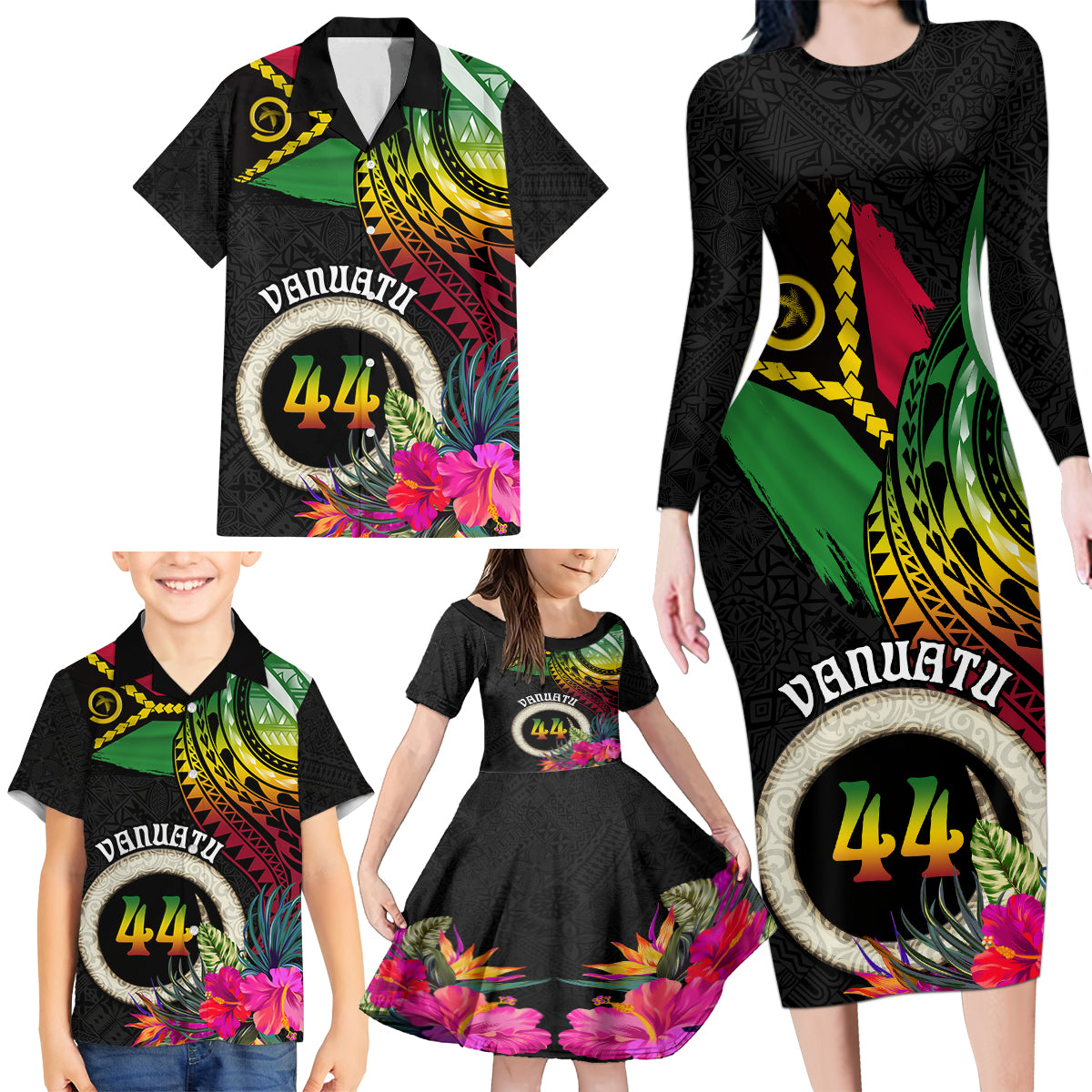 Personalised Vanuatu 44th Anniversary Family Matching Long Sleeve Bodycon Dress and Hawaiian Shirt Boars Tusk Tugeta Yumi Selebretem Indipendens Dei LT03 - Polynesian Pride