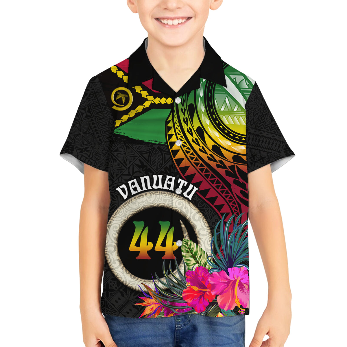 Personalised Vanuatu 44th Anniversary Family Matching Long Sleeve Bodycon Dress and Hawaiian Shirt Boars Tusk Tugeta Yumi Selebretem Indipendens Dei LT03 Son's Shirt Black - Polynesian Pride