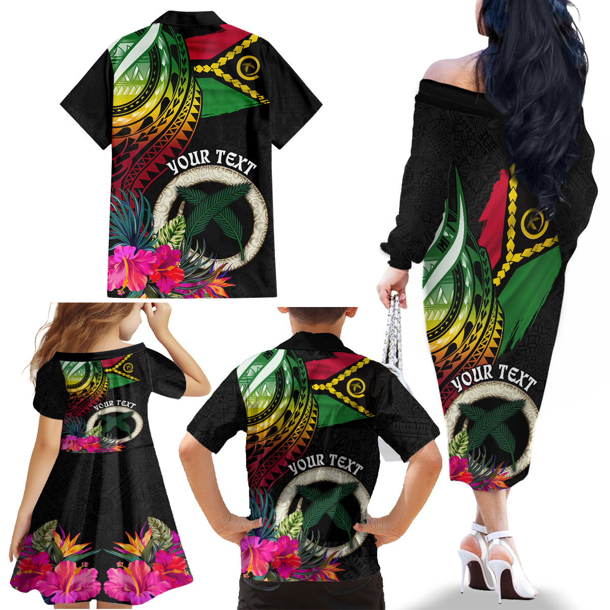 Personalised Vanuatu 44th Anniversary Family Matching Off The Shoulder Long Sleeve Dress and Hawaiian Shirt Boars Tusk Tugeta Yumi Selebretem Indipendens Dei LT03 - Polynesian Pride