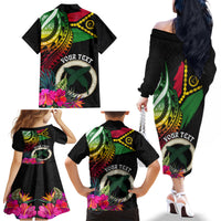 Personalised Vanuatu 44th Anniversary Family Matching Off The Shoulder Long Sleeve Dress and Hawaiian Shirt Boars Tusk Tugeta Yumi Selebretem Indipendens Dei LT03 - Polynesian Pride