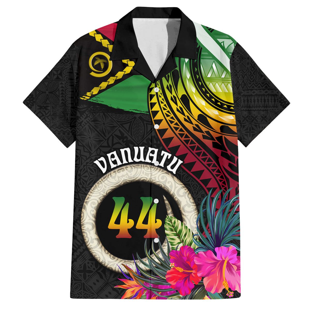 Personalised Vanuatu 44th Anniversary Family Matching Off The Shoulder Long Sleeve Dress and Hawaiian Shirt Boars Tusk Tugeta Yumi Selebretem Indipendens Dei LT03 Dad's Shirt - Short Sleeve Black - Polynesian Pride