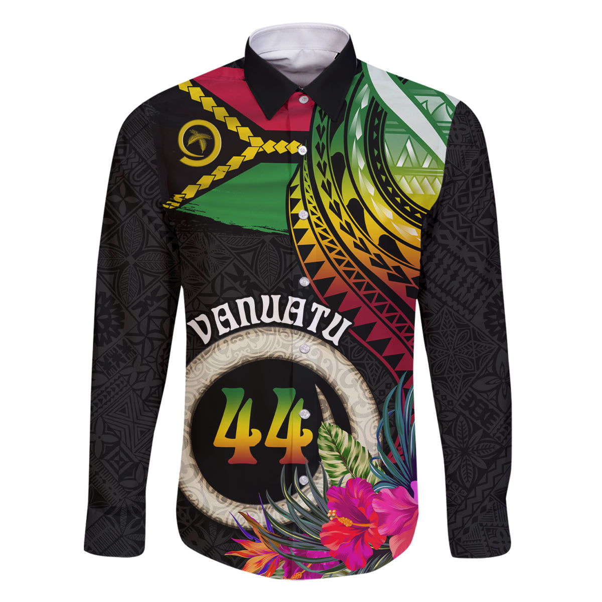 Personalised Vanuatu 44th Anniversary Family Matching Off The Shoulder Long Sleeve Dress and Hawaiian Shirt Boars Tusk Tugeta Yumi Selebretem Indipendens Dei LT03 Dad's Shirt - Long Sleeve Black - Polynesian Pride