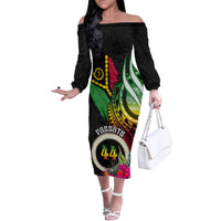 Personalised Vanuatu 44th Anniversary Family Matching Off The Shoulder Long Sleeve Dress and Hawaiian Shirt Boars Tusk Tugeta Yumi Selebretem Indipendens Dei LT03 Mom's Dress Black - Polynesian Pride