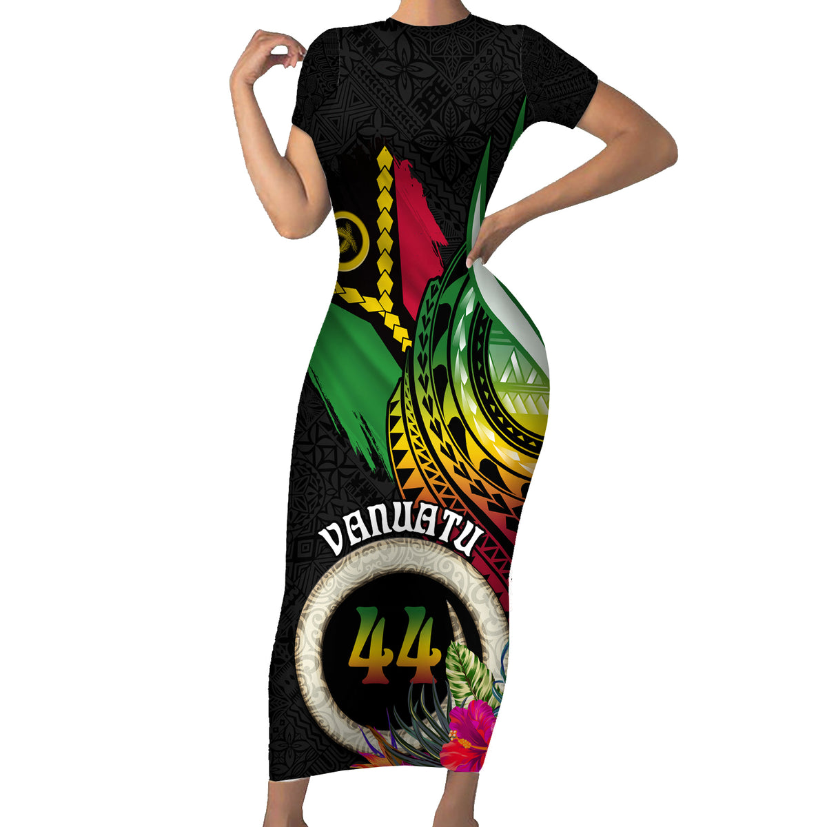 Vanuatu 44th Anniversary Short Sleeve Bodycon Dress Boars Tusk Tugeta Yumi Selebretem Indipendens Dei