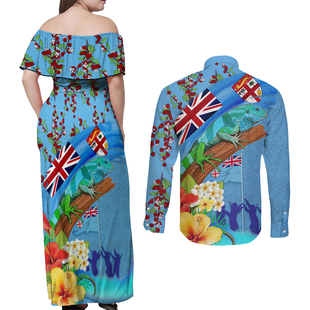 Fiji Day Couples Matching Off Shoulder Maxi Dress and Long Sleeve Button Shirt Tagimoucia Flower and Melanesia Pattern