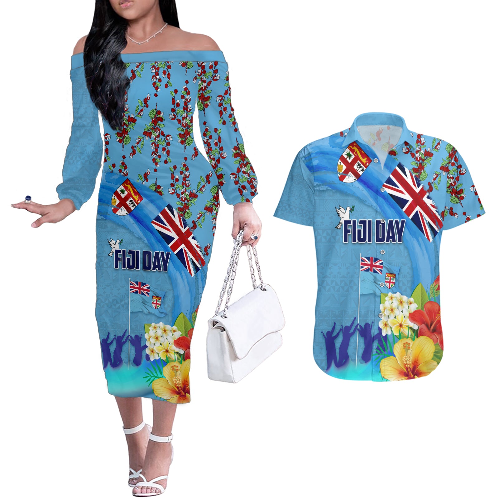 Fiji Day Couples Matching Off The Shoulder Long Sleeve Dress and Hawaiian Shirt Tagimoucia Flower and Melanesia Pattern