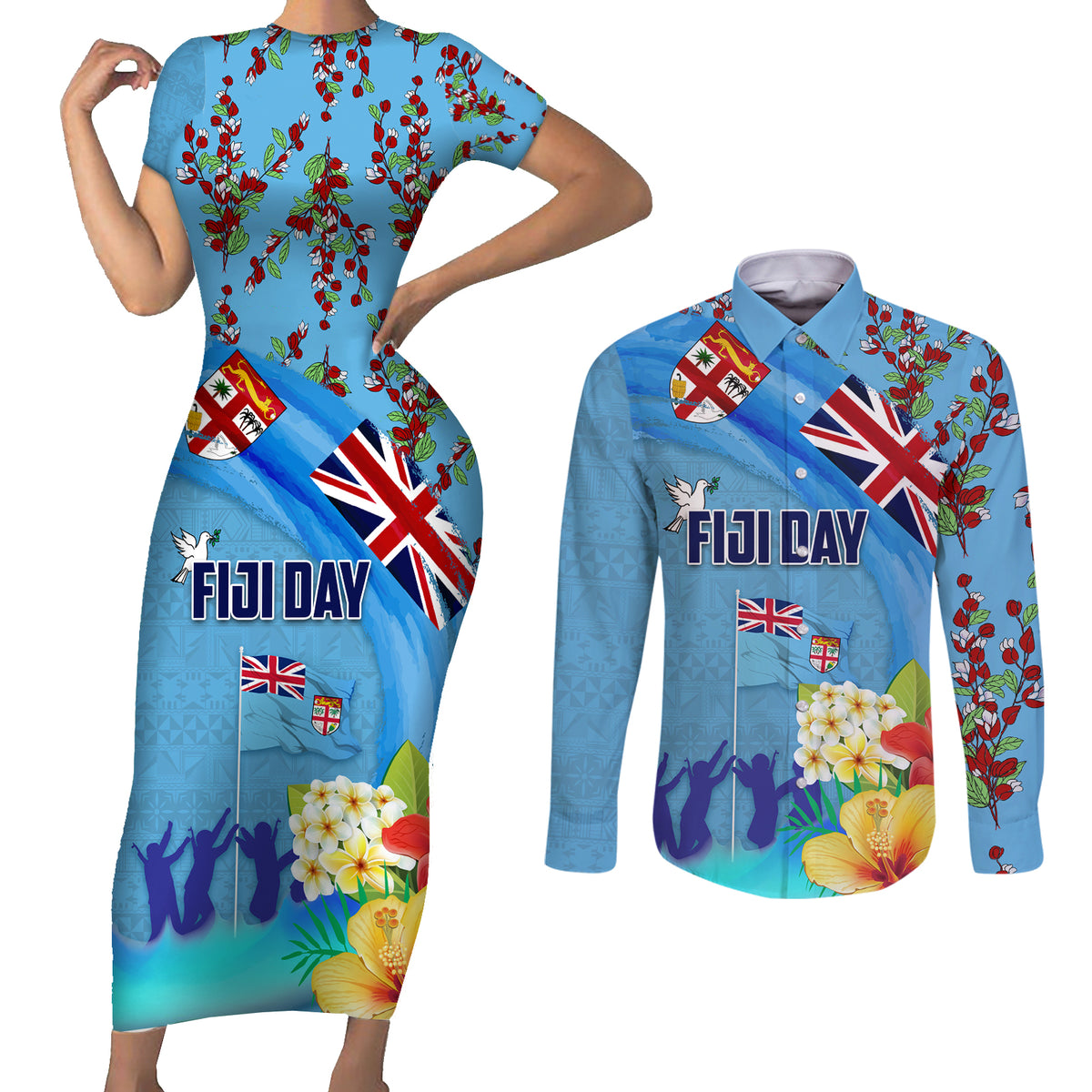 Fiji Day Couples Matching Short Sleeve Bodycon Dress and Long Sleeve Button Shirt Tagimoucia Flower and Melanesia Pattern