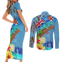 Fiji Day Couples Matching Short Sleeve Bodycon Dress and Long Sleeve Button Shirt Tagimoucia Flower and Melanesia Pattern
