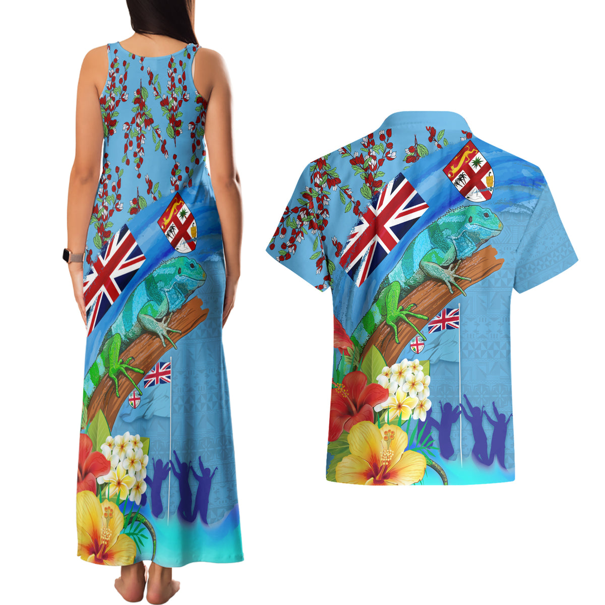 Fiji Day Couples Matching Tank Maxi Dress and Hawaiian Shirt Tagimoucia Flower and Melanesia Pattern