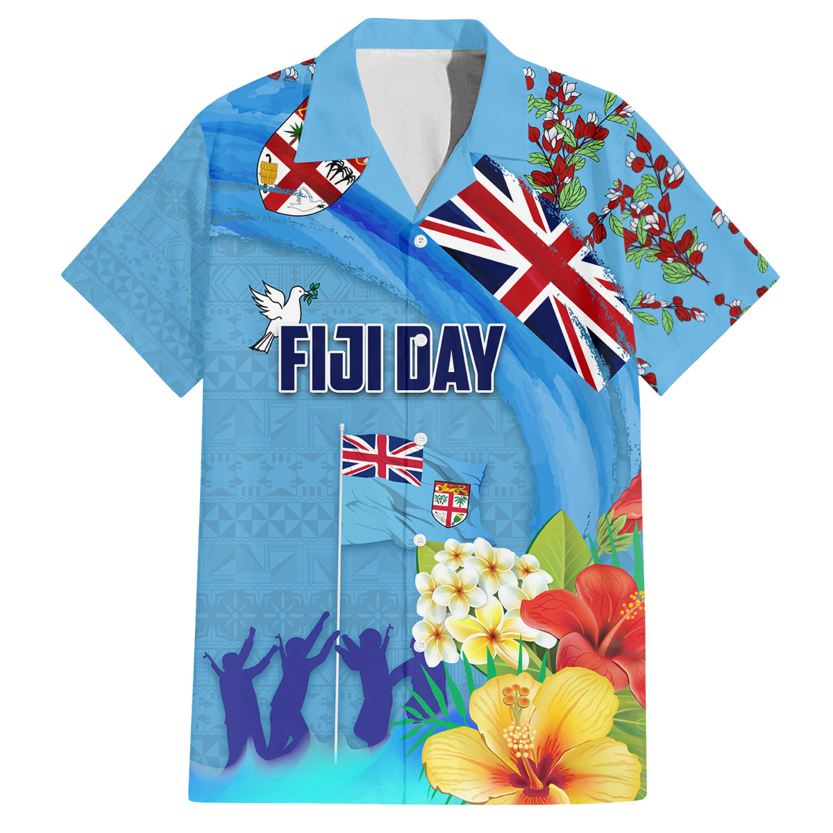 Fiji Day Family Matching Off The Shoulder Long Sleeve Dress and Hawaiian Shirt Tagimoucia Flower and Melanesia Pattern LT03 Dad's Shirt - Short Sleeve Blue - Polynesian Pride