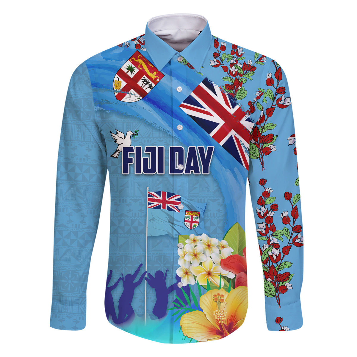 Fiji Day Family Matching Off The Shoulder Long Sleeve Dress and Hawaiian Shirt Tagimoucia Flower and Melanesia Pattern LT03 Dad's Shirt - Long Sleeve Blue - Polynesian Pride