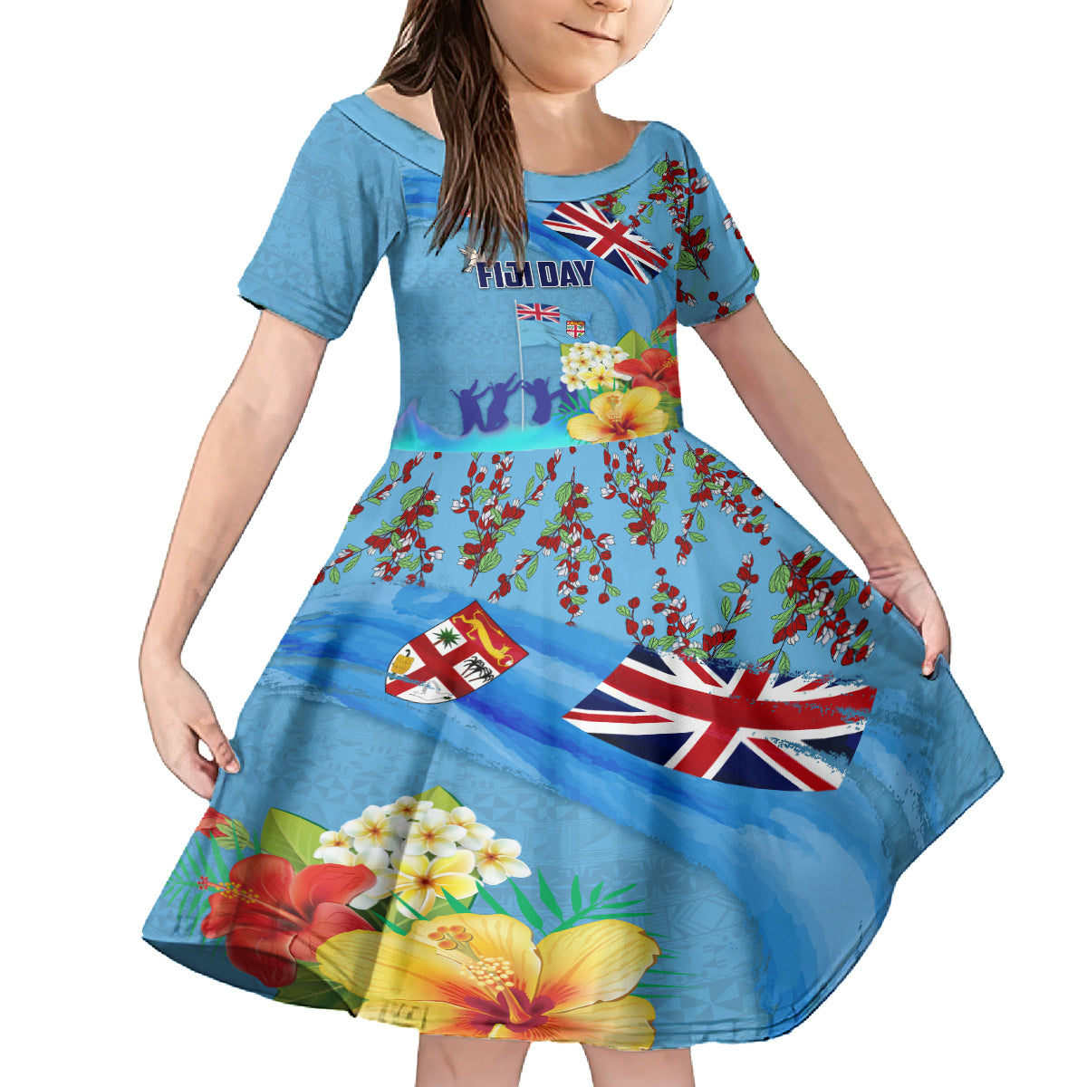 Fiji Day Family Matching Tank Maxi Dress and Hawaiian Shirt Tagimoucia Flower and Melanesia Pattern LT03 Daughter's Dress Blue - Polynesian Pride