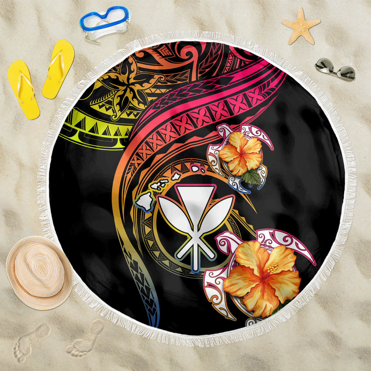 Polynesia Hawaii Turtle Day Beach Blanket Hibiscus and Kanaka Maoli LT03 One Size 150cm Black - Polynesian Pride
