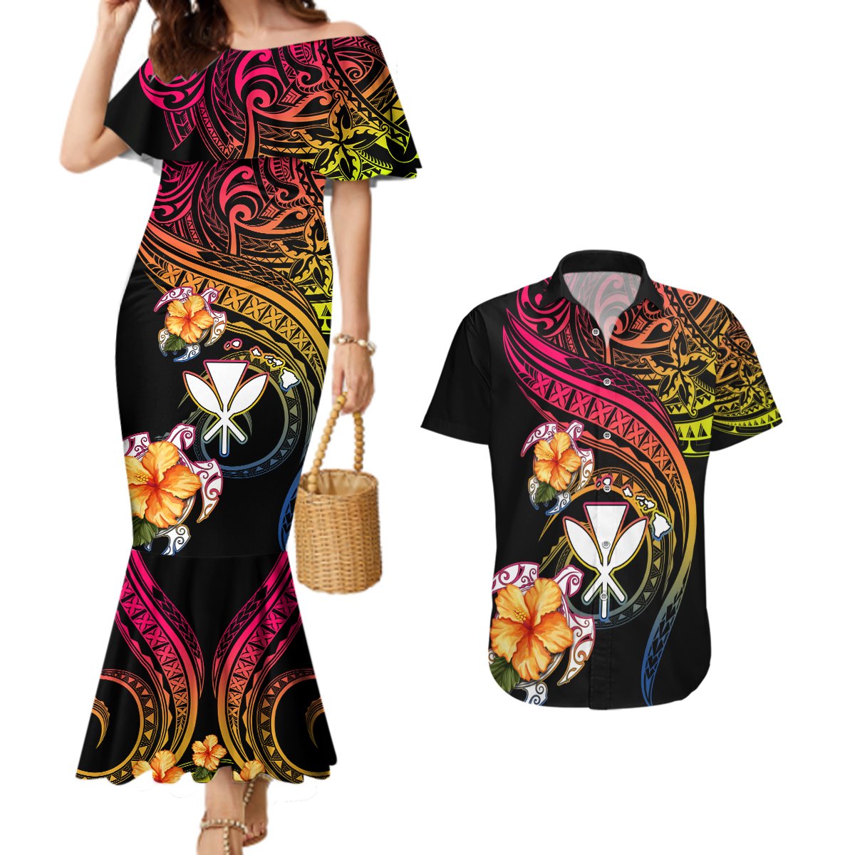 Polynesia Hawaii Turtle Day Couples Matching Mermaid Dress and Hawaiian Shirt Hibiscus and Kanaka Maoli