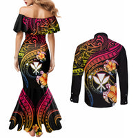 Polynesia Hawaii Turtle Day Couples Matching Mermaid Dress and Long Sleeve Button Shirt Hibiscus and Kanaka Maoli