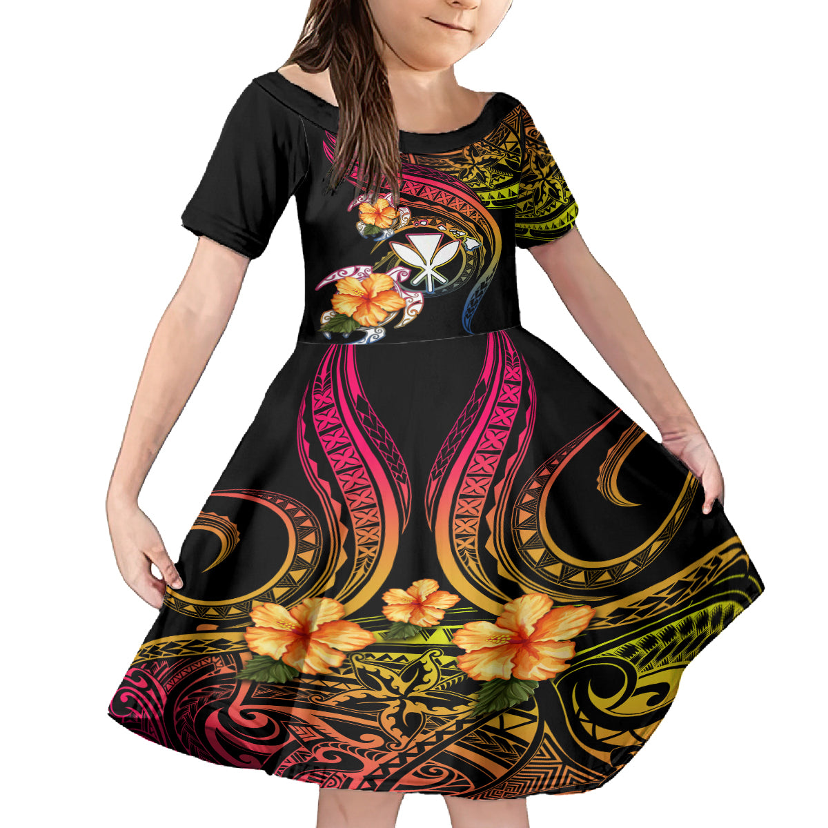 Polynesia Hawaii Turtle Day Family Matching Long Sleeve Bodycon Dress and Hawaiian Shirt Hibiscus and Kanaka Maoli LT03 Daughter's Dress Black - Polynesian Pride