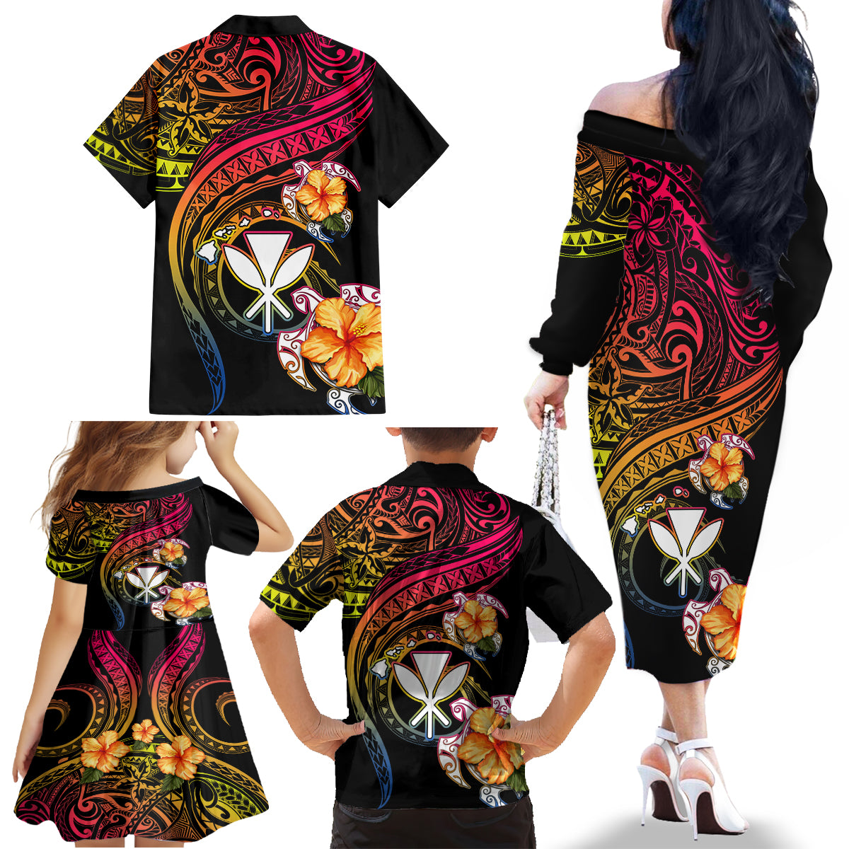 Polynesia Hawaii Turtle Day Family Matching Off The Shoulder Long Sleeve Dress and Hawaiian Shirt Hibiscus and Kanaka Maoli LT03 - Polynesian Pride