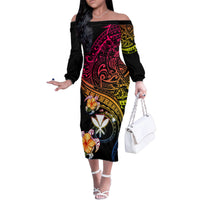 Polynesia Hawaii Turtle Day Family Matching Off The Shoulder Long Sleeve Dress and Hawaiian Shirt Hibiscus and Kanaka Maoli LT03 Mom's Dress Black - Polynesian Pride