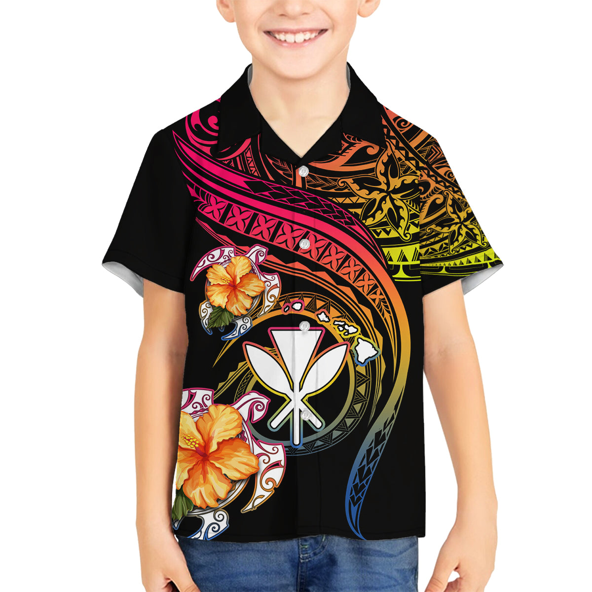 Polynesia Hawaii Turtle Day Family Matching Off The Shoulder Long Sleeve Dress and Hawaiian Shirt Hibiscus and Kanaka Maoli LT03 Son's Shirt Black - Polynesian Pride