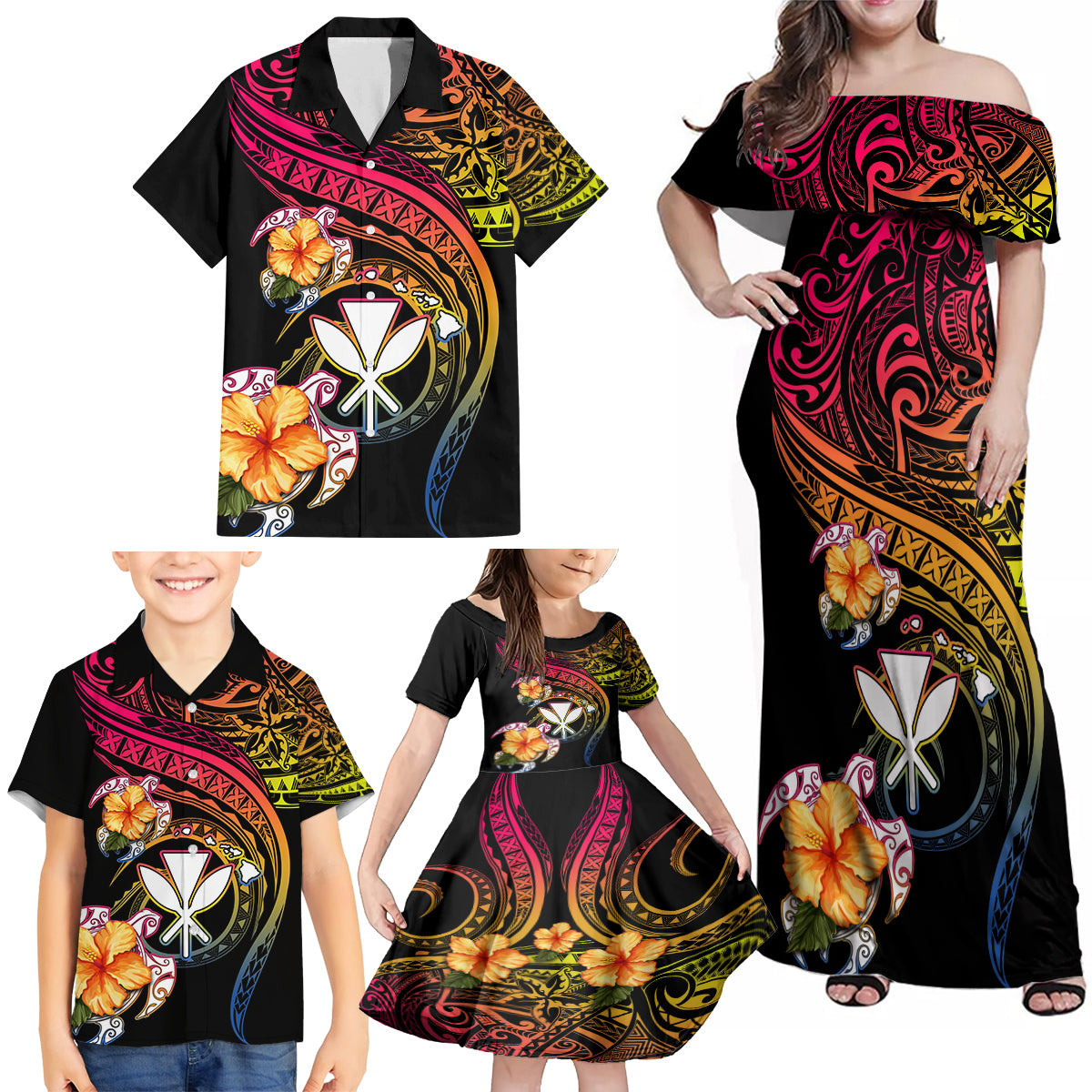 Polynesia Hawaii Turtle Day Family Matching Off Shoulder Maxi Dress and Hawaiian Shirt Hibiscus and Kanaka Maoli LT03 - Polynesian Pride