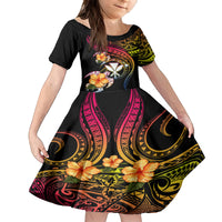 Polynesia Hawaii Turtle Day Family Matching Off Shoulder Short Dress and Hawaiian Shirt Hibiscus and Kanaka Maoli LT03 Daughter's Dress Black - Polynesian Pride