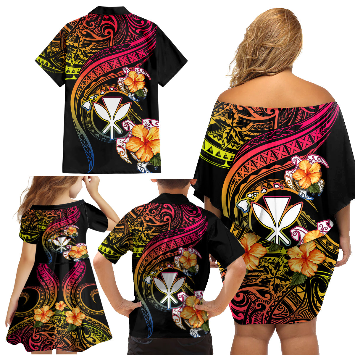 Polynesia Hawaii Turtle Day Family Matching Off Shoulder Short Dress and Hawaiian Shirt Hibiscus and Kanaka Maoli LT03 - Polynesian Pride
