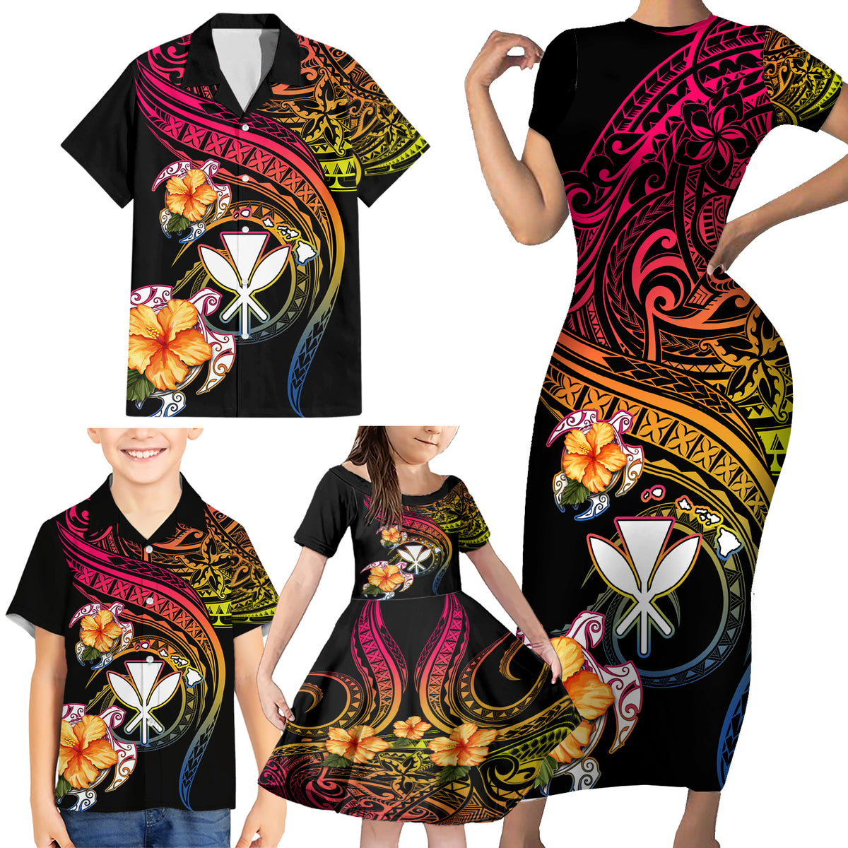 Polynesia Hawaii Turtle Day Family Matching Short Sleeve Bodycon Dress and Hawaiian Shirt Hibiscus and Kanaka Maoli LT03 - Polynesian Pride