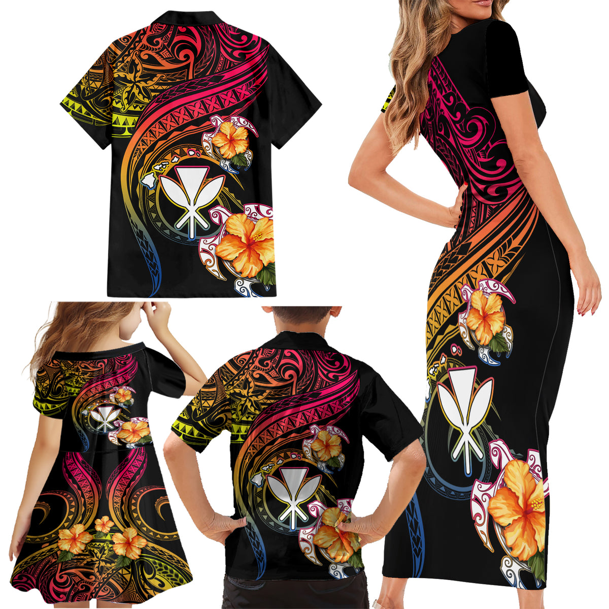 Polynesia Hawaii Turtle Day Family Matching Short Sleeve Bodycon Dress and Hawaiian Shirt Hibiscus and Kanaka Maoli LT03 - Polynesian Pride