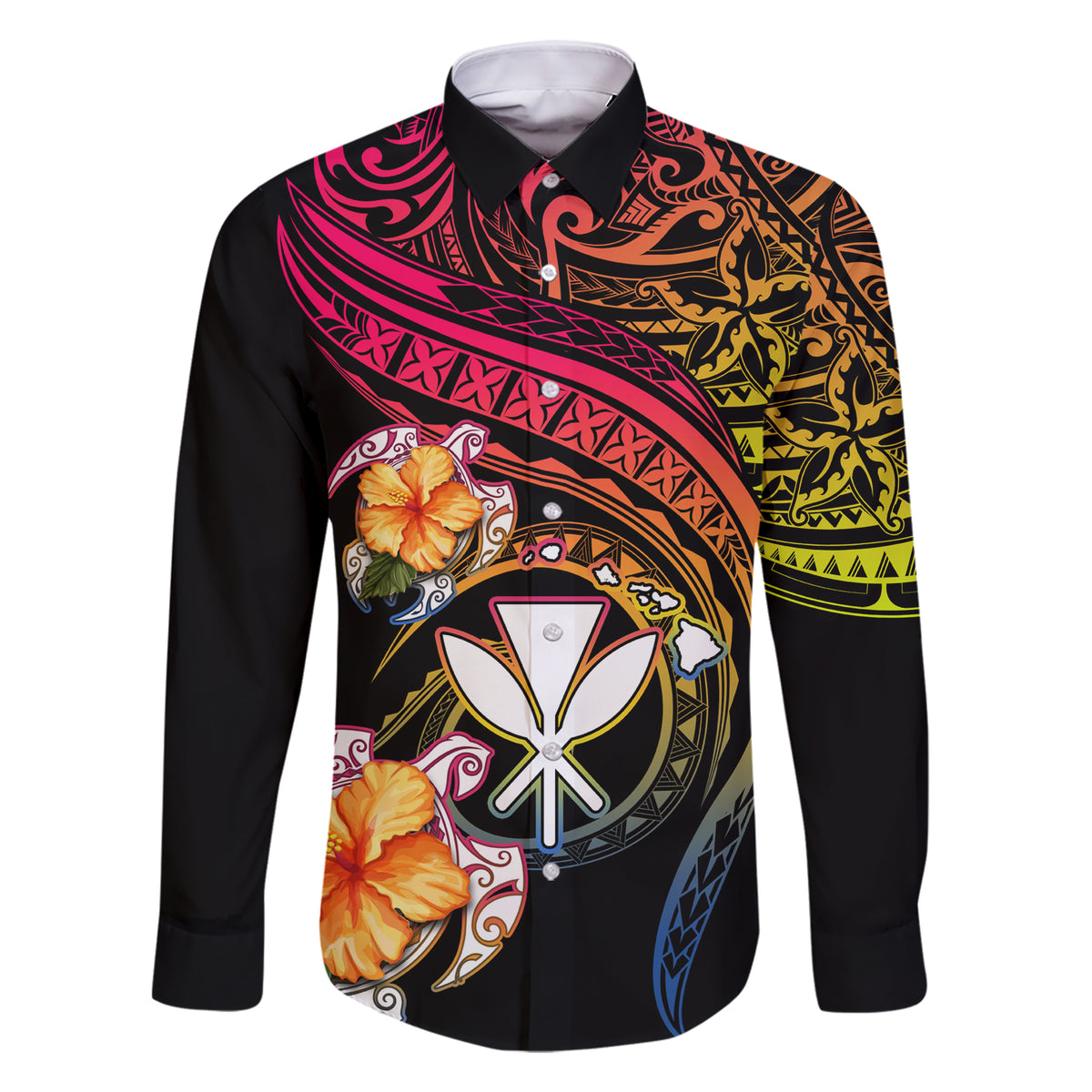 Polynesia Hawaii Turtle Day Family Matching Short Sleeve Bodycon Dress and Hawaiian Shirt Hibiscus and Kanaka Maoli LT03 Dad's Shirt - Long Sleeve Black - Polynesian Pride