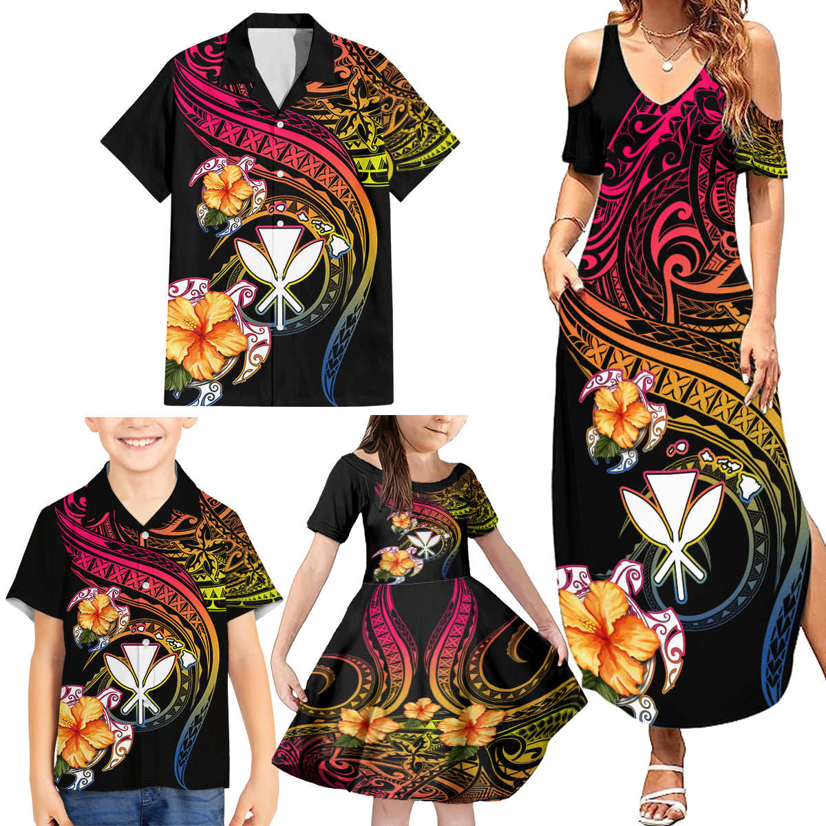 Polynesia Hawaii Turtle Day Family Matching Summer Maxi Dress and Hawaiian Shirt Hibiscus and Kanaka Maoli LT03 - Polynesian Pride