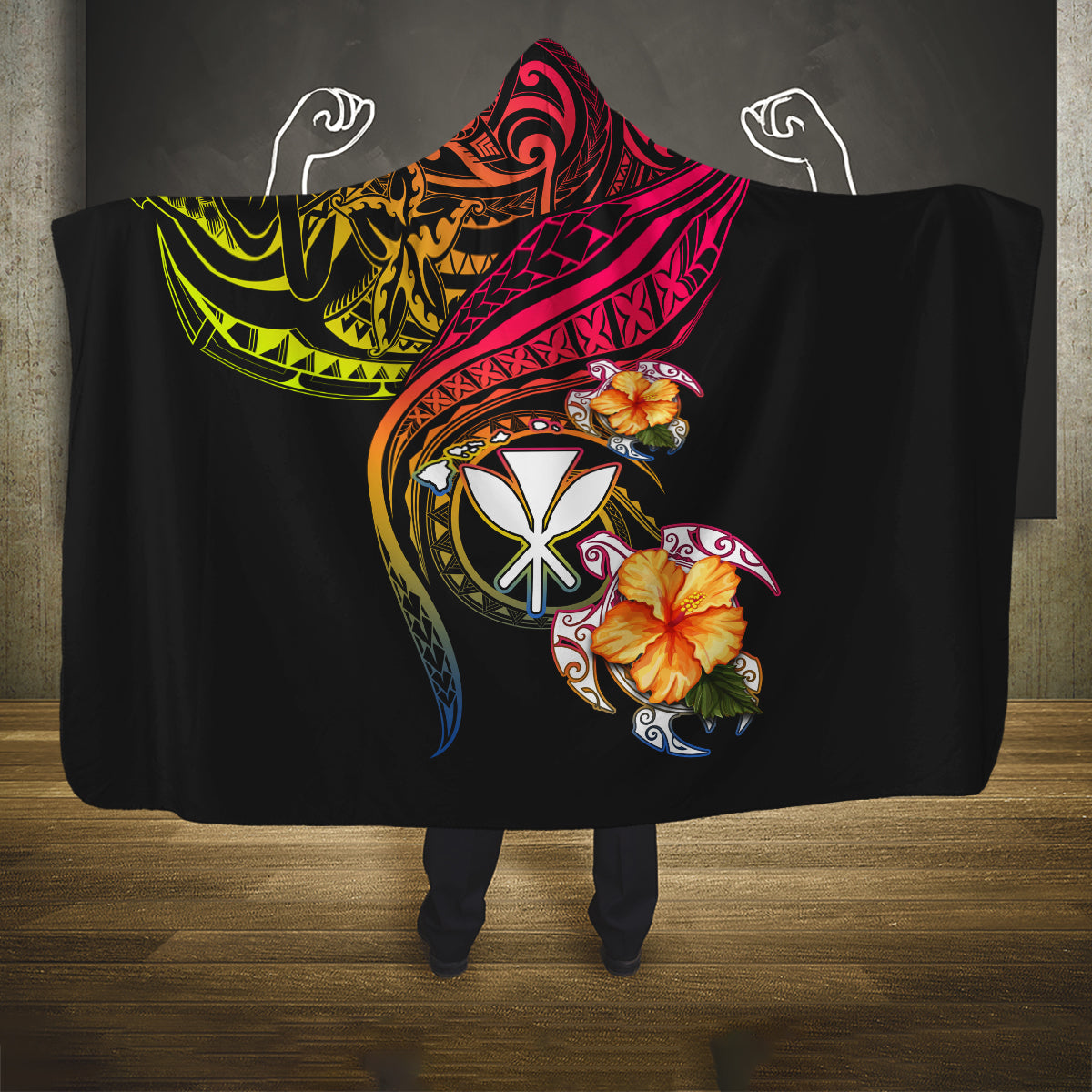 Polynesia Hawaii Turtle Day Hooded Blanket Hibiscus and Kanaka Maoli LT03 One Size Black - Polynesian Pride