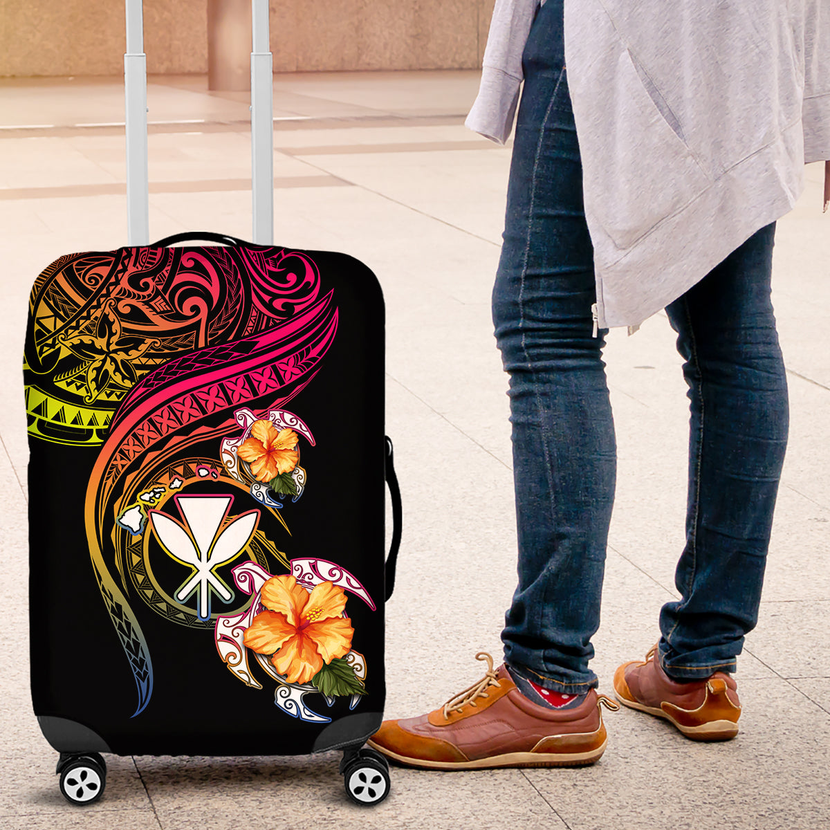 Polynesia Hawaii Turtle Day Luggage Cover Hibiscus and Kanaka Maoli LT03 Black - Polynesian Pride