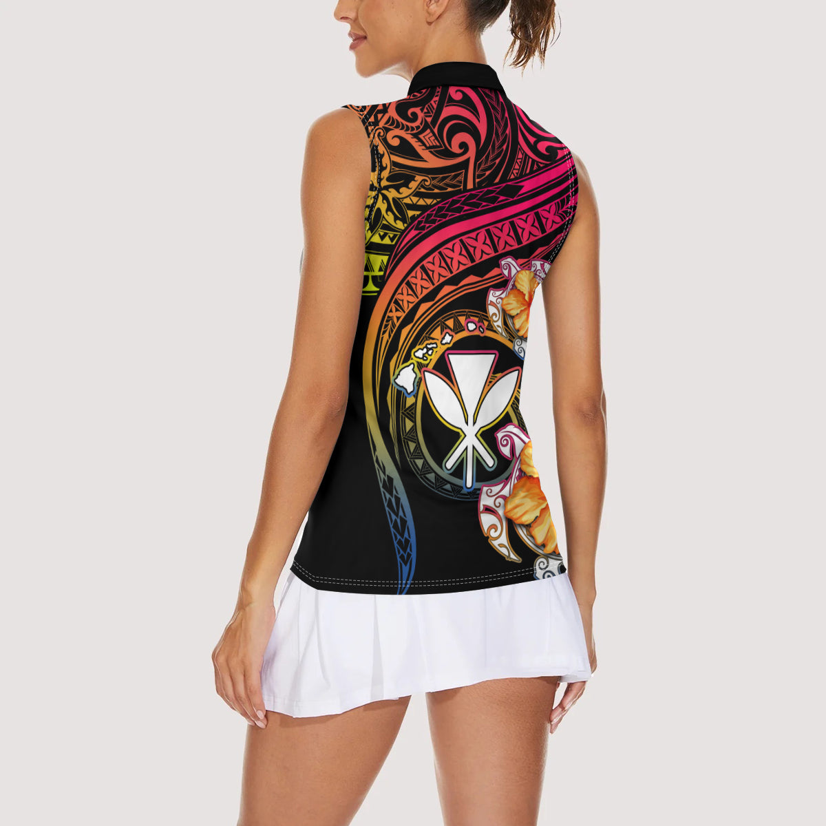 Polynesia Hawaii Turtle Day Women Sleeveless Polo Shirt Hibiscus and Kanaka Maoli