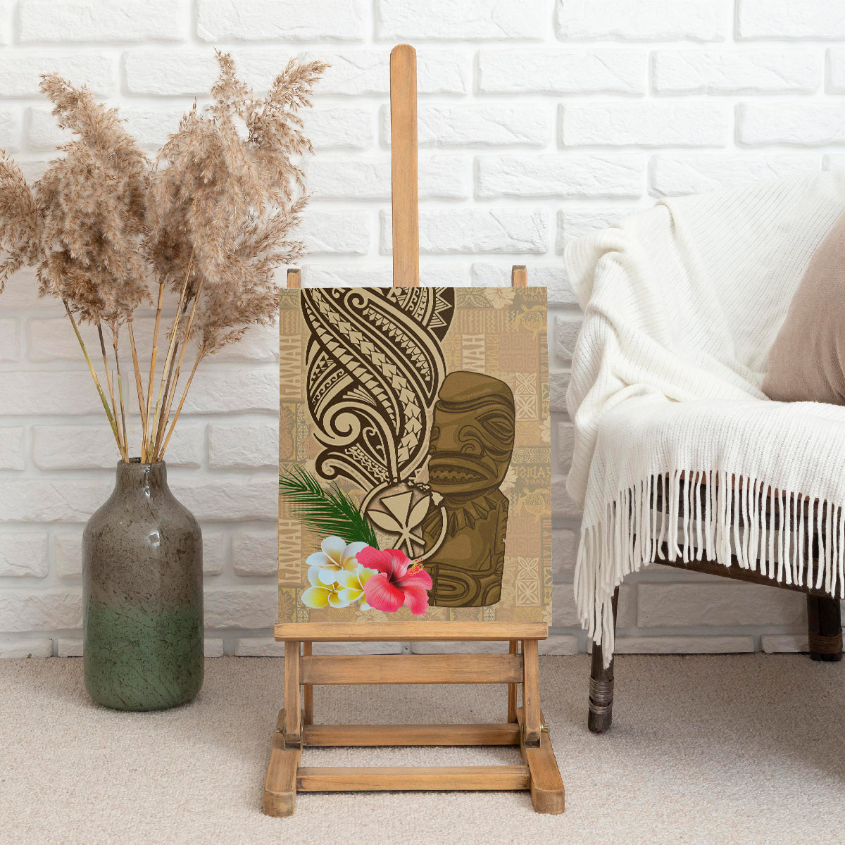 Hawaii Kanaloa Tiki Canvas Wall Art Polynesian Tattoo and Tapa Pattern