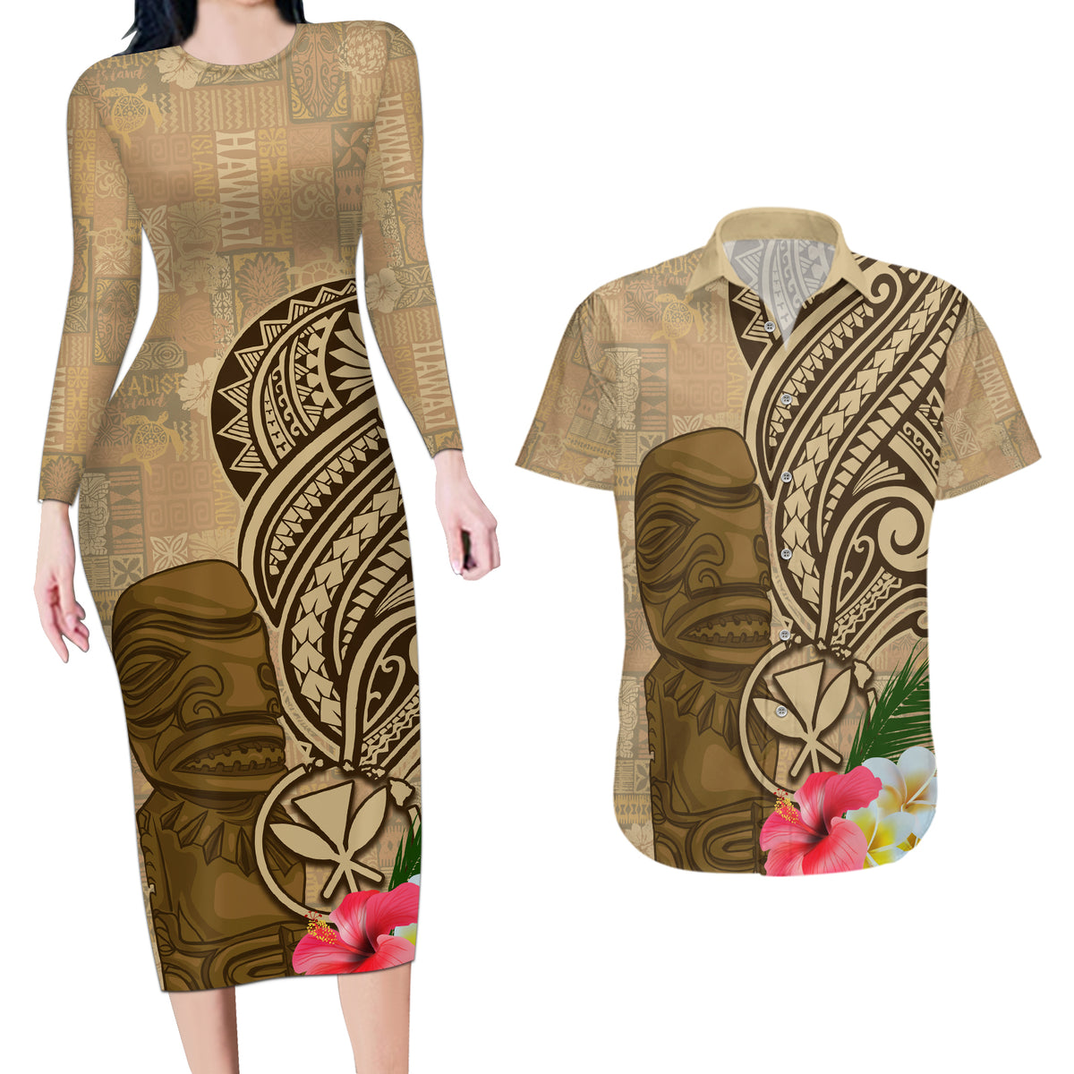 Hawaii Kanaloa Tiki Couples Matching Long Sleeve Bodycon Dress and Hawaiian Shirt Polynesian Tattoo and Tapa Pattern LT03 Beige - Polynesian Pride
