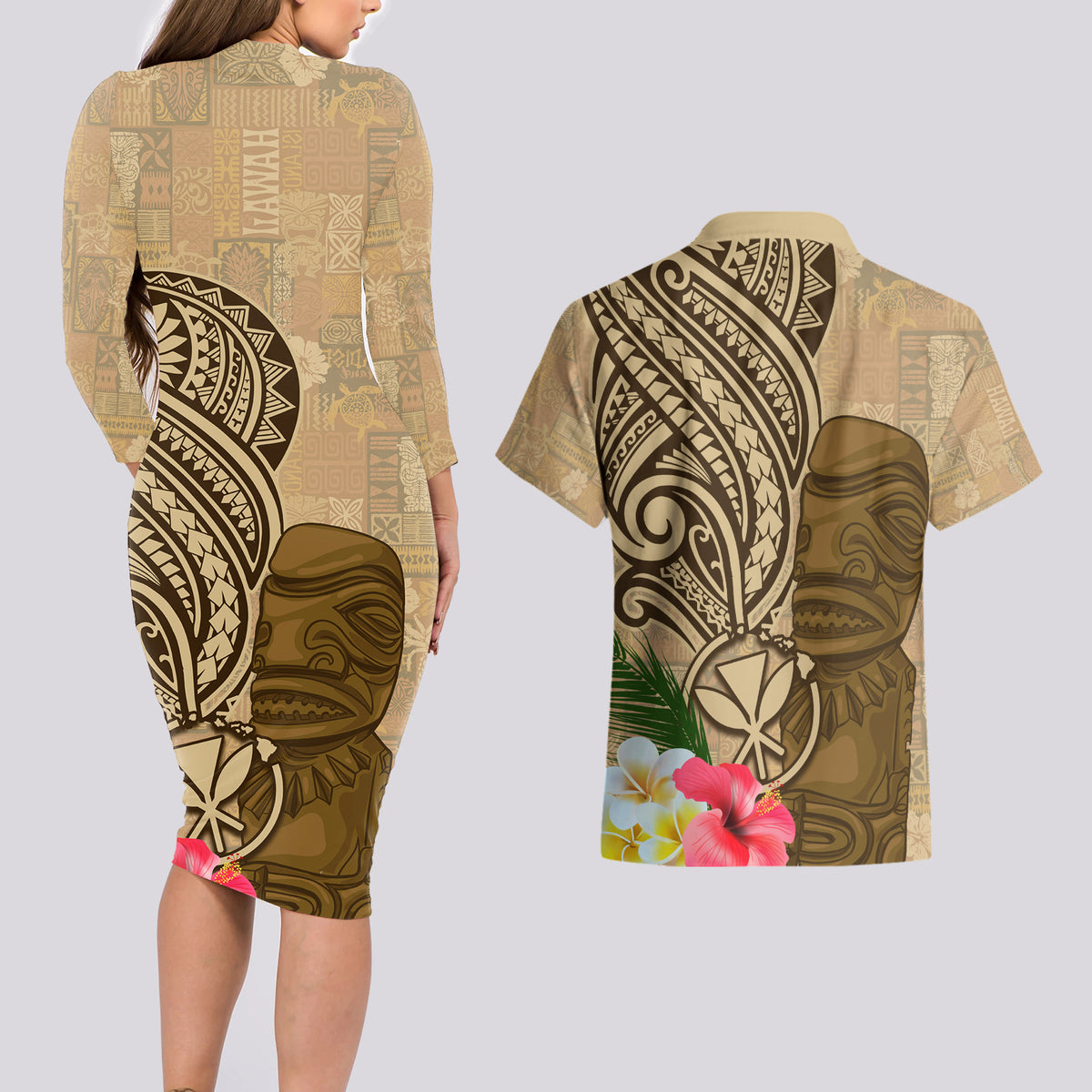 Hawaii Kanaloa Tiki Couples Matching Long Sleeve Bodycon Dress and Hawaiian Shirt Polynesian Tattoo and Tapa Pattern LT03 - Polynesian Pride