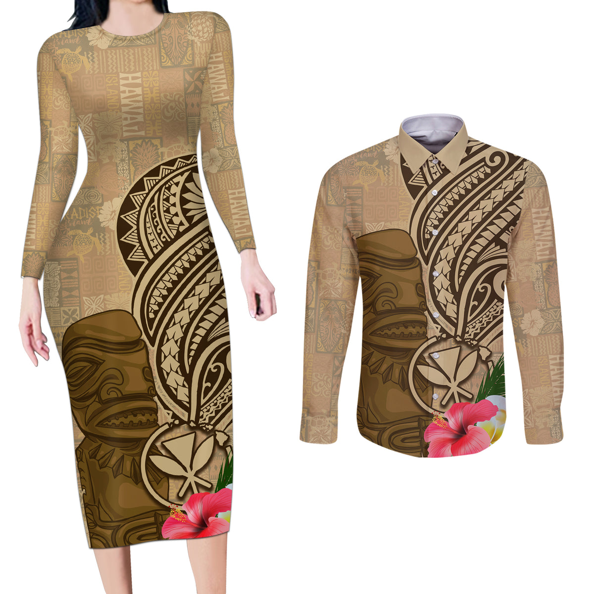 Hawaii Kanaloa Tiki Couples Matching Long Sleeve Bodycon Dress and Long Sleeve Button Shirt Polynesian Tattoo and Tapa Pattern