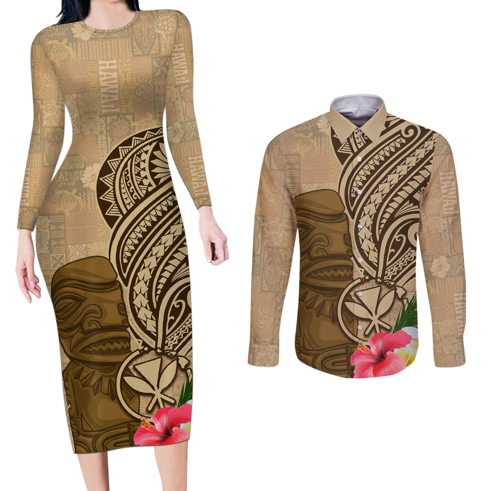 Hawaii Kanaloa Tiki Couples Matching Long Sleeve Bodycon Dress and Long Sleeve Button Shirt Polynesian Tattoo and Tapa Pattern