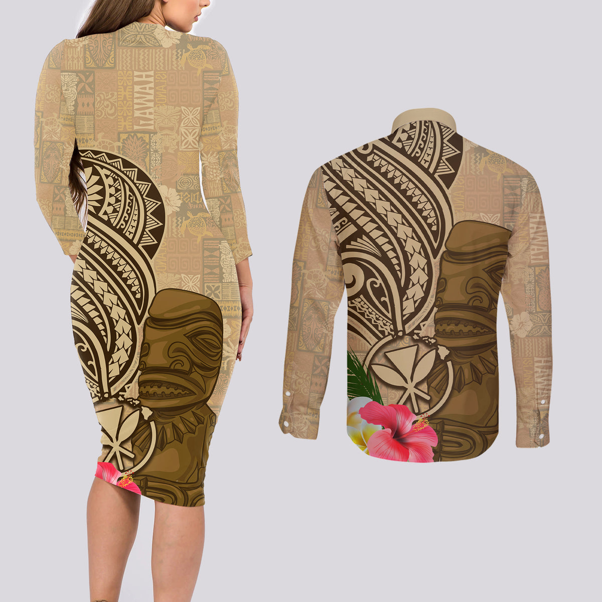 Hawaii Kanaloa Tiki Couples Matching Long Sleeve Bodycon Dress and Long Sleeve Button Shirt Polynesian Tattoo and Tapa Pattern