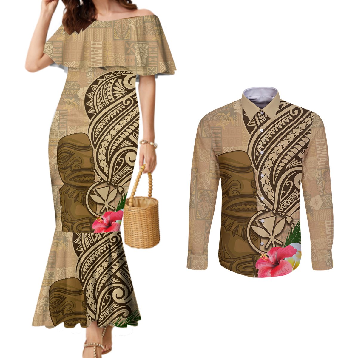 Hawaii Kanaloa Tiki Couples Matching Mermaid Dress and Long Sleeve Button Shirt Polynesian Tattoo and Tapa Pattern