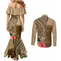 Hawaii Kanaloa Tiki Couples Matching Mermaid Dress and Long Sleeve Button Shirt Polynesian Tattoo and Tapa Pattern