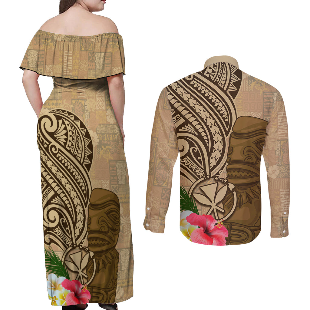 Hawaii Kanaloa Tiki Couples Matching Off Shoulder Maxi Dress and Long Sleeve Button Shirt Polynesian Tattoo and Tapa Pattern