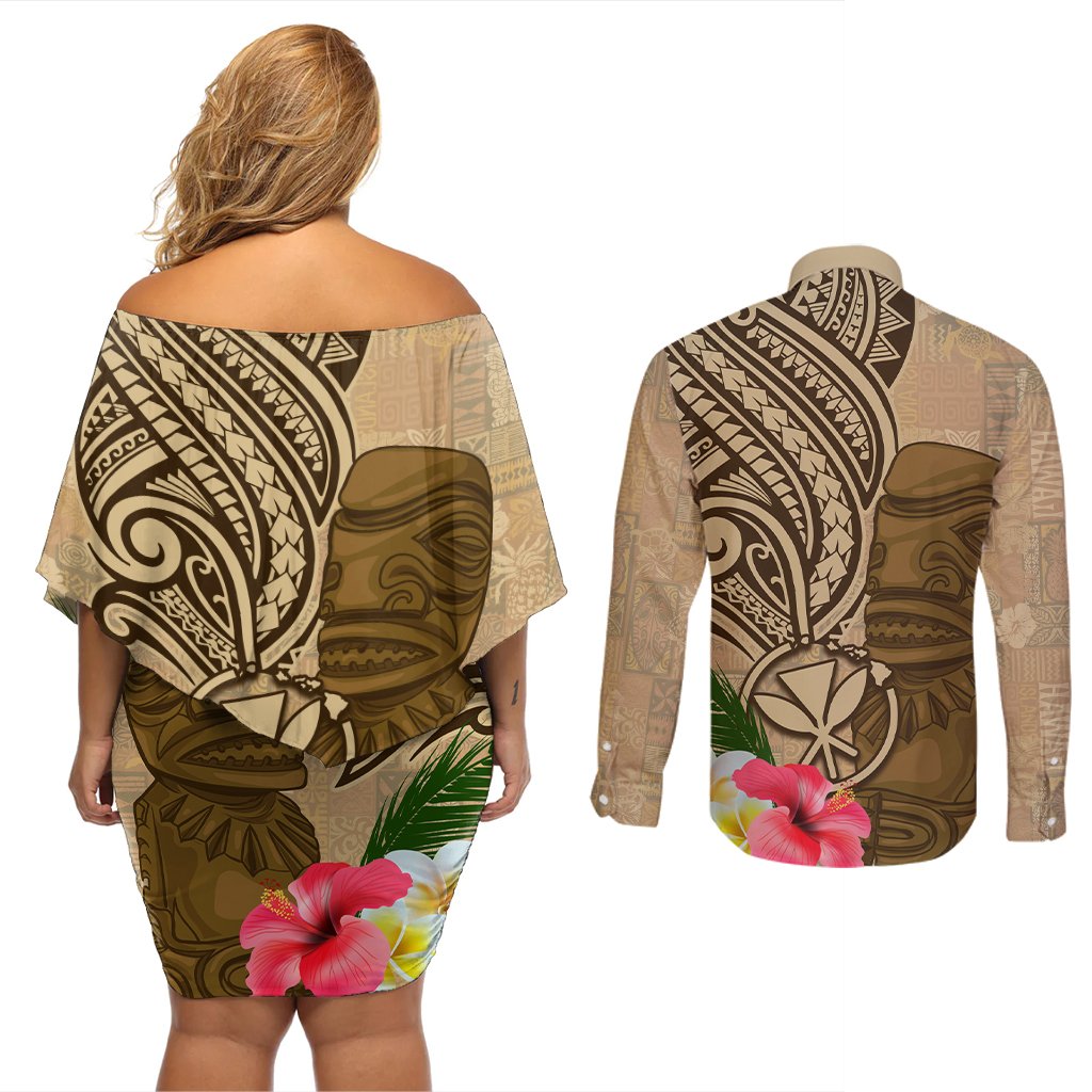Hawaii Kanaloa Tiki Couples Matching Off Shoulder Short Dress and Long Sleeve Button Shirt Polynesian Tattoo and Tapa Pattern