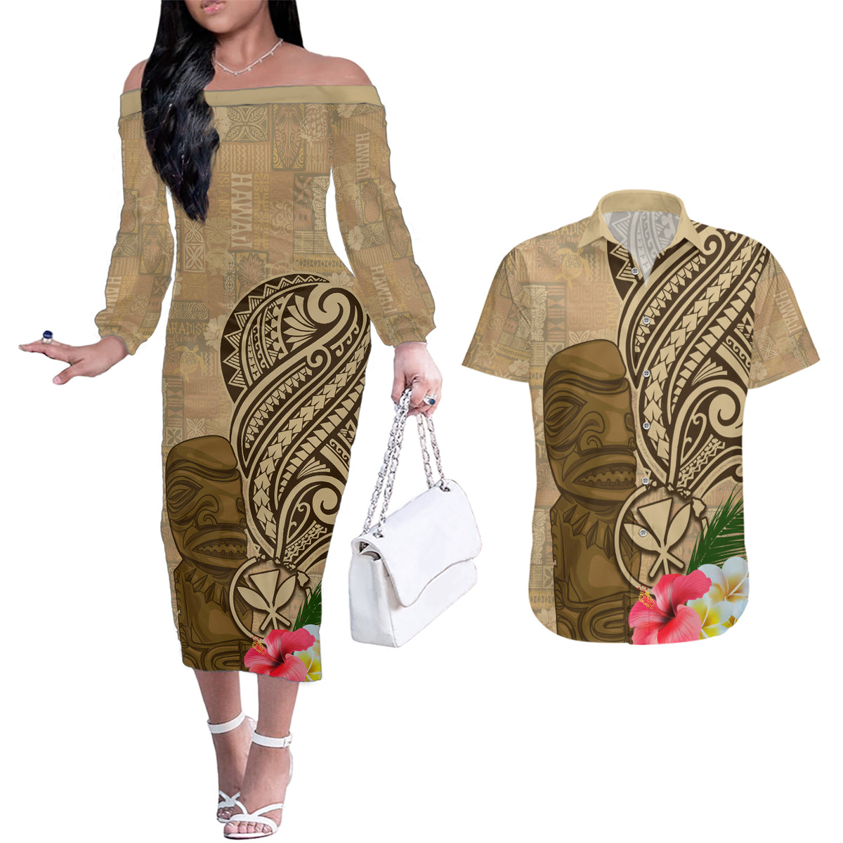 Hawaii Kanaloa Tiki Couples Matching Off The Shoulder Long Sleeve Dress and Hawaiian Shirt Polynesian Tattoo and Tapa Pattern LT03 Beige - Polynesian Pride