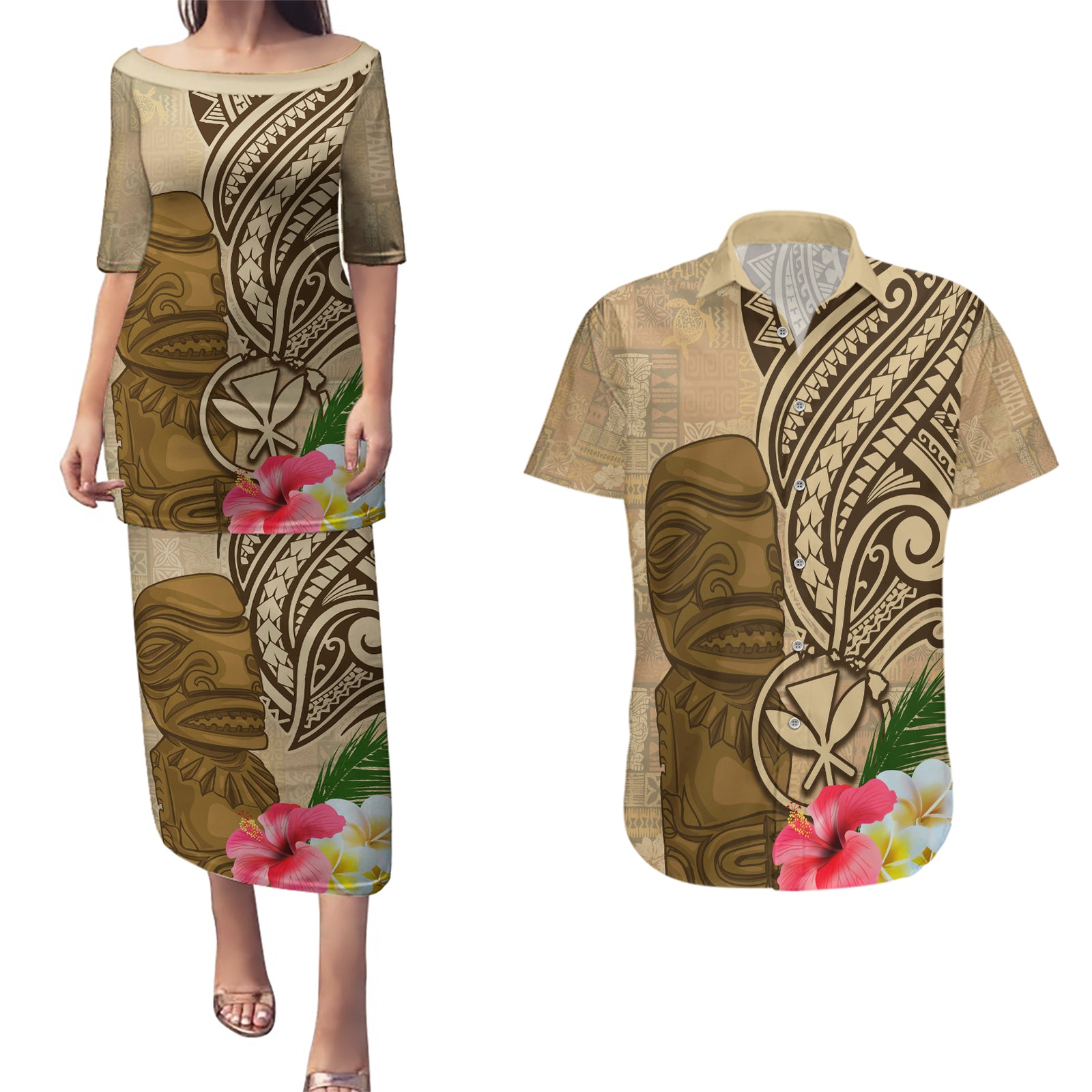 Hawaii Kanaloa Tiki Couples Matching Puletasi and Hawaiian Shirt Polynesian Tattoo and Tapa Pattern