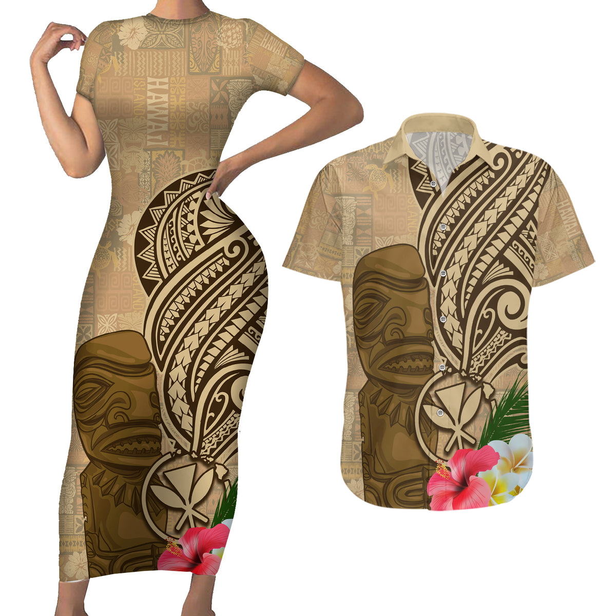 Hawaii Kanaloa Tiki Couples Matching Short Sleeve Bodycon Dress and Hawaiian Shirt Polynesian Tattoo and Tapa Pattern LT03 Beige - Polynesian Pride